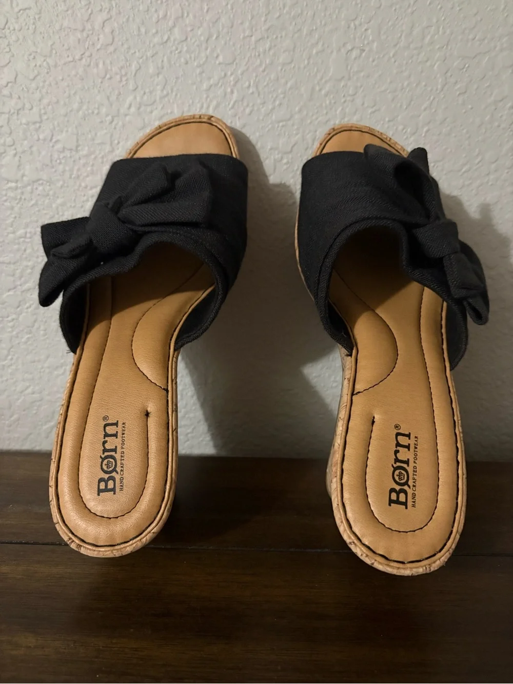Born Black Canvas Bow Cork Wedge Slides